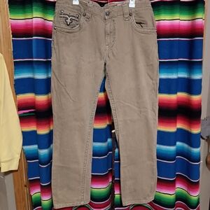 Rock Revival Tan Jeans with Orange Embroidered Logo